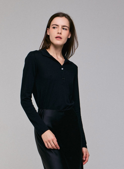 Schwarzes Poloshirt Langarm-Poloshirt aus Baumwolle / Kaschmir - MAJESTIC FILATURES