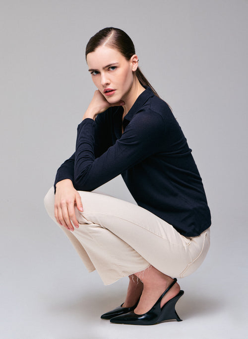 Marineblaues Poloshirt Langärmeliges Poloshirt aus Baumwolle / Kaschmir - MAJESTIC FILATURES