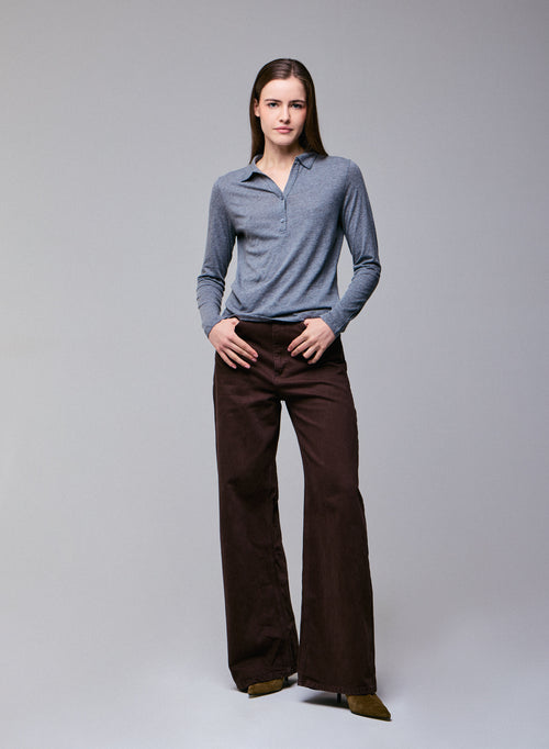 Graues Poloshirt Poloshirt mit langen Ärmeln aus Baumwolle / Kaschmir - MAJESTIC FILATURES