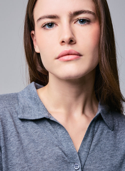 Graues Poloshirt Poloshirt mit langen Ärmeln aus Baumwolle / Kaschmir - MAJESTIC FILATURES