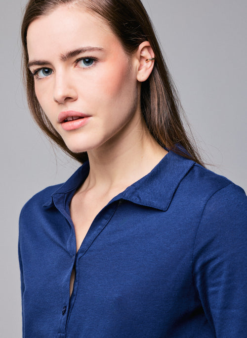 Blaues Poloshirt Langärmeliges Poloshirt aus Baumwolle / Kaschmir - MAJESTIC FILATURES