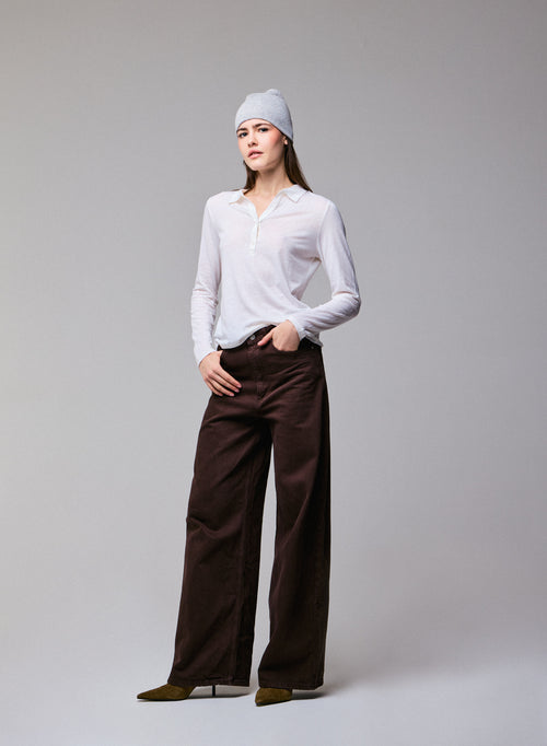 Weißes Poloshirt Langärmeliges Poloshirt aus Baumwolle / Kaschmir - MAJESTIC FILATURES