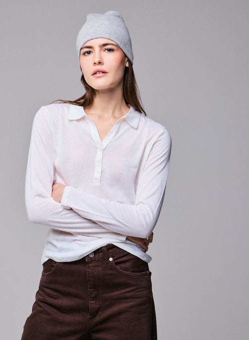 Weißes Poloshirt Langärmeliges Poloshirt aus Baumwolle / Kaschmir - MAJESTIC FILATURES