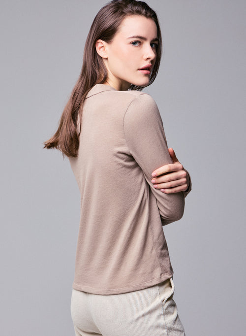 Beige Poloshirt Langarm Poloshirt aus Baumwolle / Kaschmir - MAJESTIC FILATURES