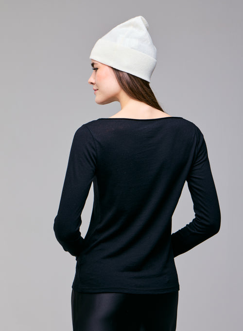 Schwarzes T-Shirt mit langärmeligem U-Boot-Ausschnitt aus Bio-Baumwolle / Kaschmir - MAJESTIC FILATURES