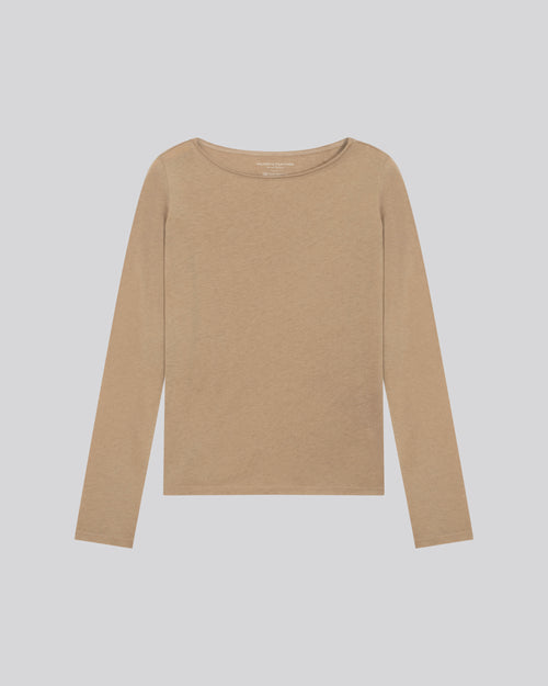 T-shirt Beige Col Bateau Manches Longues en Coton Organique / Cachemire - MAJESTIC FILATURES