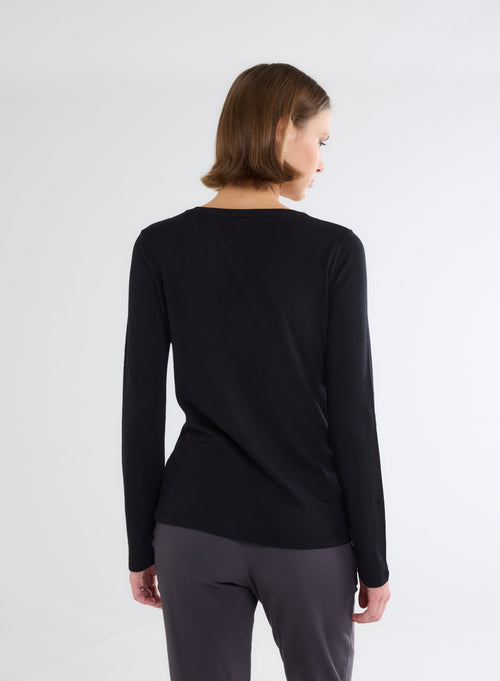 T-shirt Noir Col Rond Manches Longues en Coton et Cachemire - MAJESTIC FILATURES