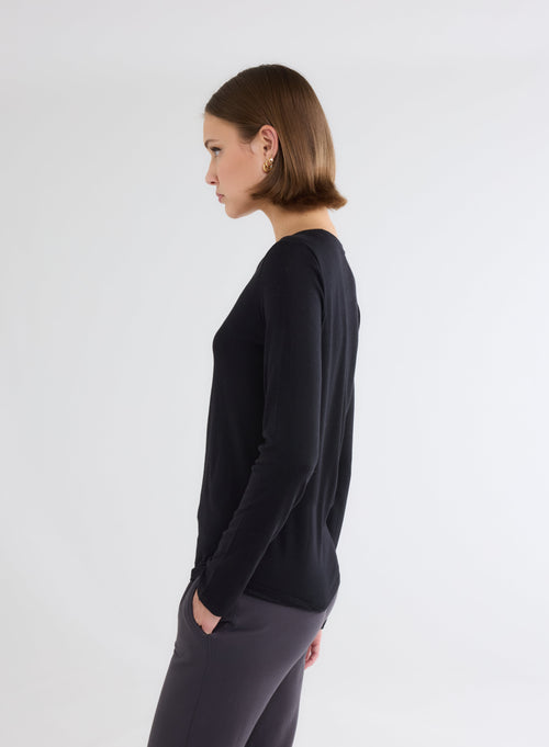 T-shirt Noir Col Rond Manches Longues en Coton et Cachemire - MAJESTIC FILATURES