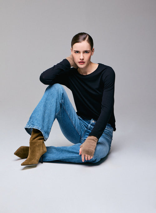 Schwarzes T-Shirt mit Rundhalsausschnitt und langen Ärmeln aus Baumwolle und Kaschmir - MAJESTIC FILATURES