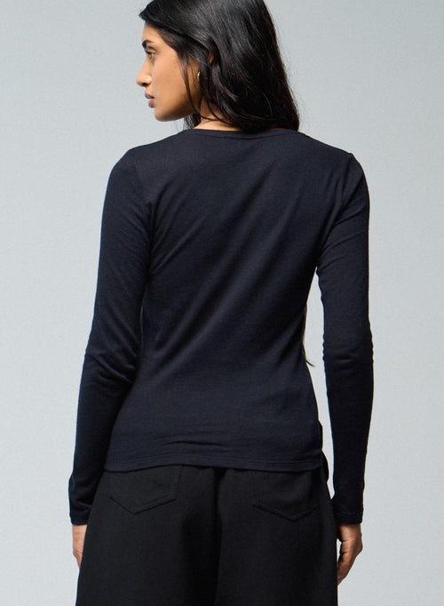 Marine T-Shirt mit Rundhalsausschnitt und langen Ärmeln aus Baumwolle und Kaschmir - MAJESTIC FILATURES