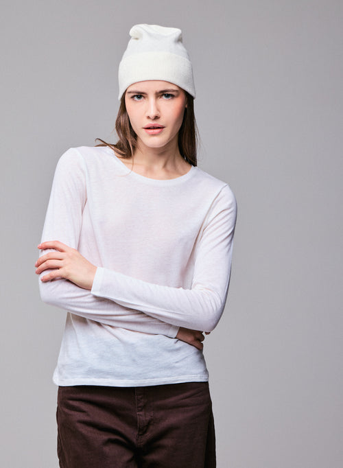 Weißes Langarm-T-Shirt mit Rundhalsausschnitt aus Bio-Baumwolle / Kaschmir - MAJESTIC FILATURES