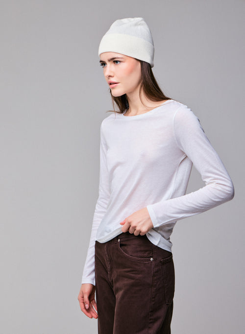 Weißes Langarm-T-Shirt mit Rundhalsausschnitt aus Bio-Baumwolle / Kaschmir - MAJESTIC FILATURES