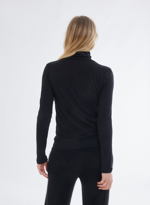 Schwarzes T-Shirt mit Rollkragen und langen Ärmeln aus Baumwolle und Kaschmir - MAJESTIC FILATURES
