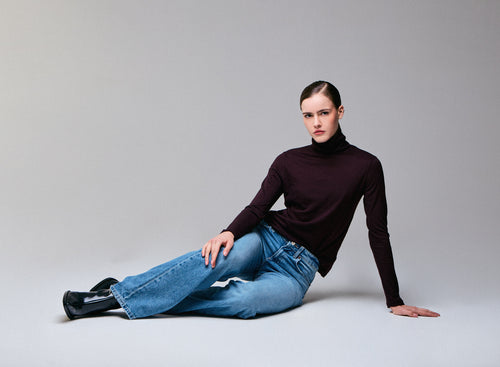 T-shirt Violet Col Roulé Manches Longues en Coton Organique et Cachemire - MAJESTIC FILATURES