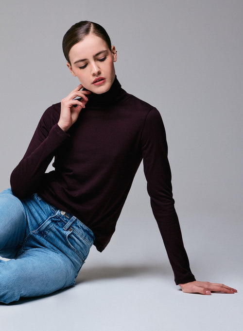 T-shirt Violet Col Roulé Manches Longues en Coton Organique et Cachemire - MAJESTIC FILATURES