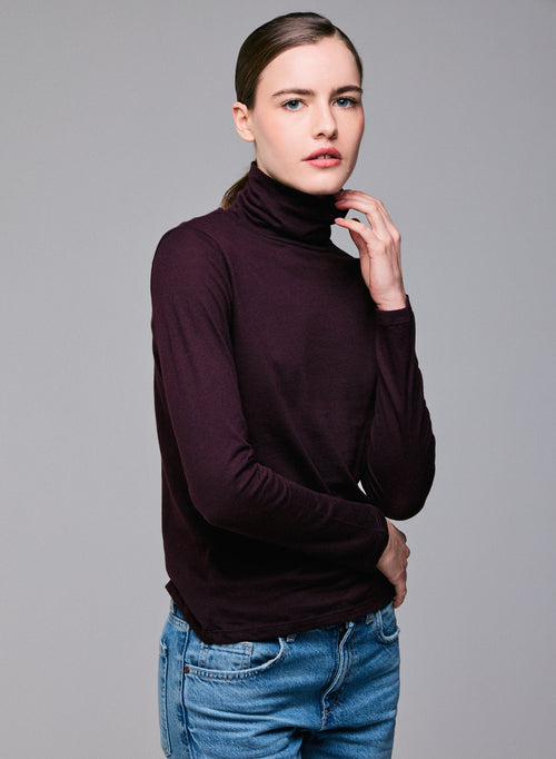 T-shirt Violet Col Roulé Manches Longues en Coton Organique et Cachemire - MAJESTIC FILATURES