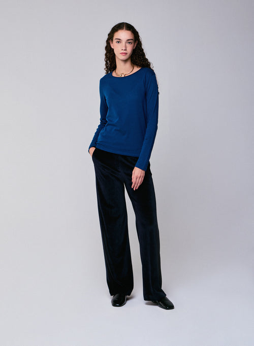 Blaues Langarm-T-Shirt mit Rundhalsausschnitt aus Bio-Baumwolle / Kaschmir - MAJESTIC FILATURES