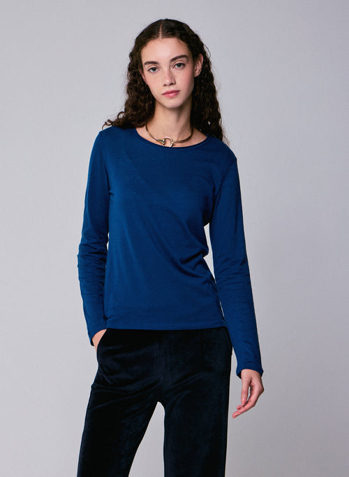 Blaues Langarm-T-Shirt mit Rundhalsausschnitt aus Bio-Baumwolle / Kaschmir - MAJESTIC FILATURES