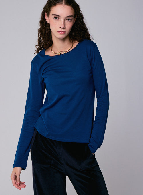 Blaues Langarm-T-Shirt mit Rundhalsausschnitt aus Bio-Baumwolle / Kaschmir - MAJESTIC FILATURES