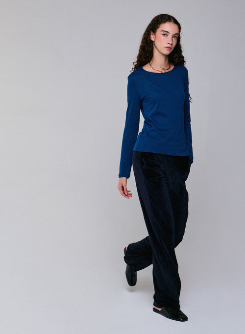 Blaues Langarm-T-Shirt mit Rundhalsausschnitt aus Bio-Baumwolle / Kaschmir - MAJESTIC FILATURES