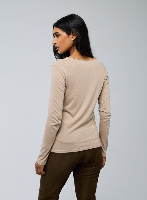 T-shirt Beige Col Rond Manches Longues en Coton Organique / Cachemire - MAJESTIC FILATURES