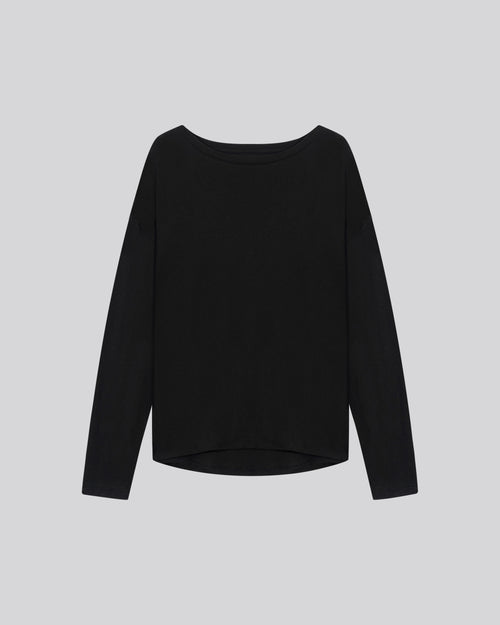 T-shirt Noir Col Bateau Manches Longues en Coton et Cachemire - MAJESTIC FILATURES