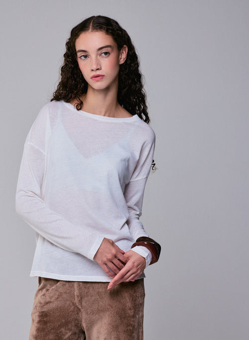 T-shirt Blanc Col Bateau Manches Longues en Coton et Cachemire - MAJESTIC FILATURES
