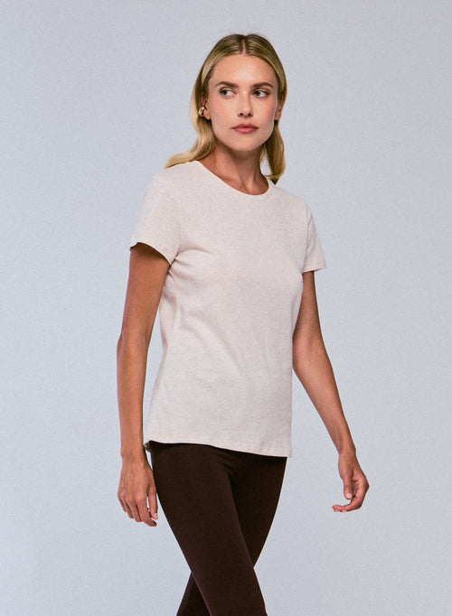 Beigefarbenes Kurzarm-T-Shirt mit Rundhalsausschnitt aus Bio-Baumwolle - MAJESTIC FILATURES