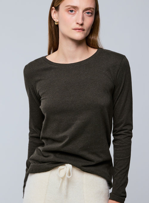 T-shirt Vert Col Rond Manches Longues en Coton organique - MAJESTIC FILATURES