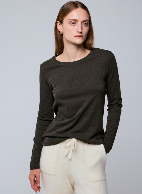T-shirt Vert Col Rond Manches Longues en Coton organique - MAJESTIC FILATURES