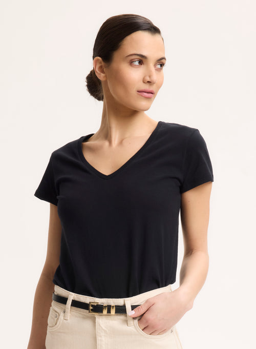 T-shirt Noir Julia Col V Manches Courtes en Coton Organique - MAJESTIC FILATURES