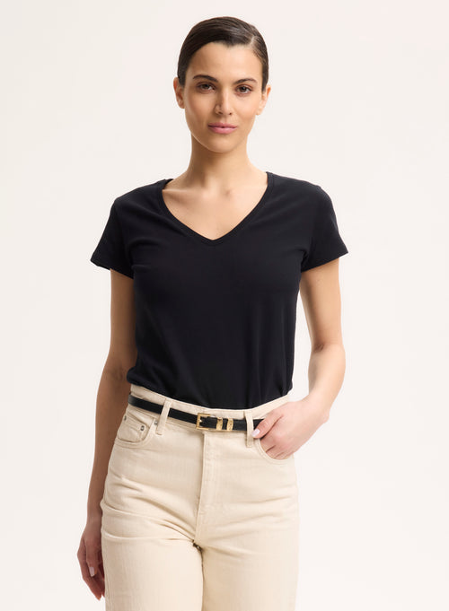 T-shirt Noir Julia Col V Manches Courtes en Coton Organique - MAJESTIC FILATURES