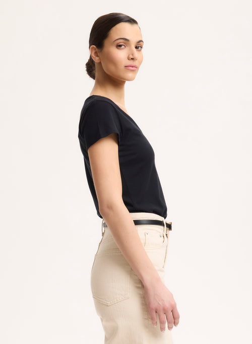 T-shirt Noir Julia Col V Manches Courtes en Coton Organique - MAJESTIC FILATURES