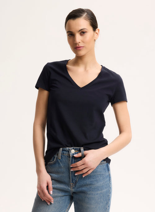 T-shirt Marine Julia Col V Manches Courtes en Coton Organique - MAJESTIC FILATURES