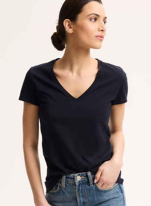 T-shirt Marine Julia Col V Manches Courtes en Coton Organique - MAJESTIC FILATURES