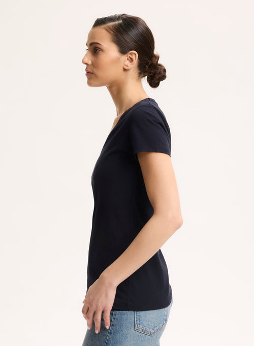 T-shirt Marine Julia Col V Manches Courtes en Coton Organique - MAJESTIC FILATURES