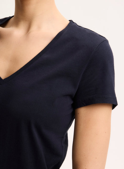 T-shirt Marine Julia Col V Manches Courtes en Coton Organique - MAJESTIC FILATURES