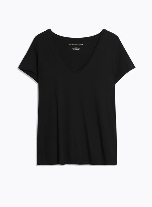 T-shirt Noir Julia Col V Manches Courtes en Coton Organique - MAJESTIC FILATURES