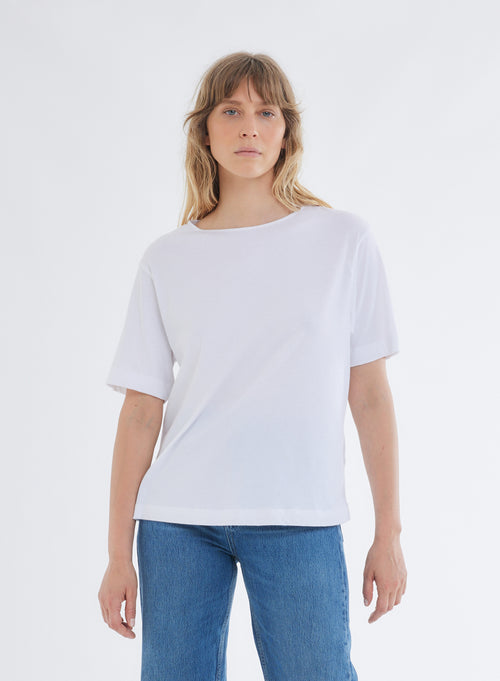 T-shirt Blanc Oversize Col Bateau Manches Courtes en Deluxe Coton - MAJESTIC FILATURES