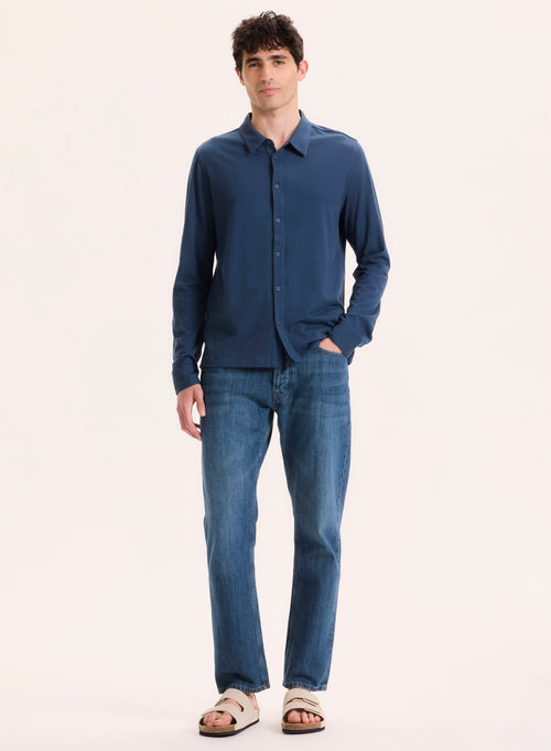 Blaues Kragenhemd Langarmhemd aus Bio-Baumwolle - MAJESTIC FILATURES