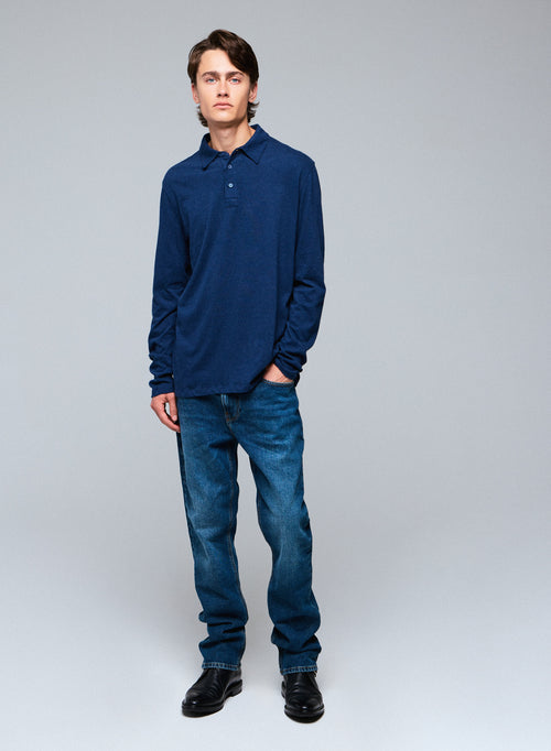 Blaues Poloshirt Langarm-Poloshirt aus Bio-Baumwolle - MAJESTIC FILATURES