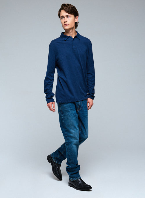 Blaues Poloshirt Langarm-Poloshirt aus Bio-Baumwolle - MAJESTIC FILATURES
