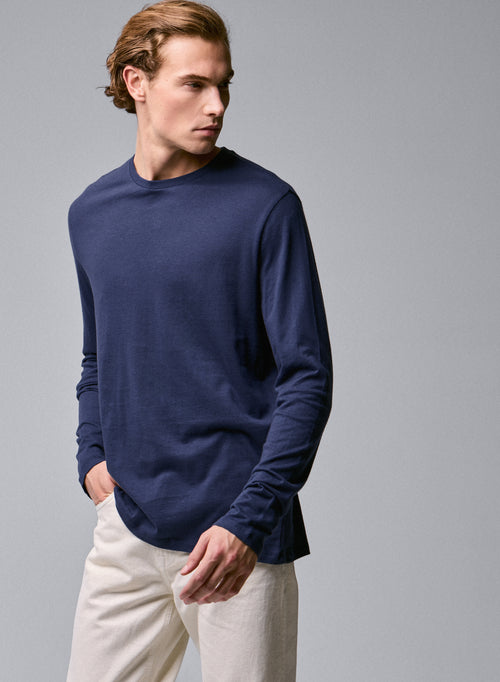 Blaues Langarm-T-Shirt mit Rundhalsausschnitt aus Bio-Baumwolle - MAJESTIC FILATURES