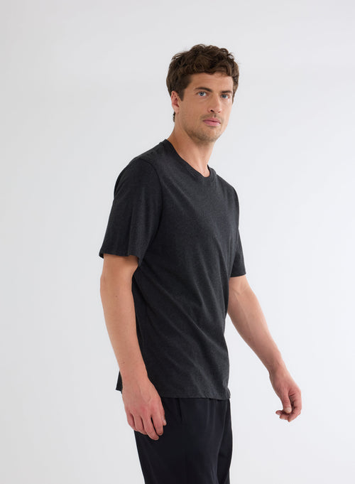 T-shirt Noir Chiné Col Rond Manches Courtes en Deluxe Coton - MAJESTIC FILATURES