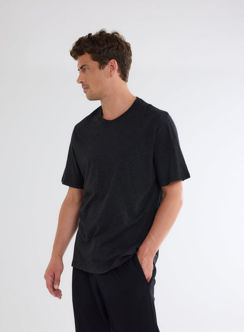 T-shirt Noir Chiné Col Rond Manches Courtes en Deluxe Coton - MAJESTIC FILATURES