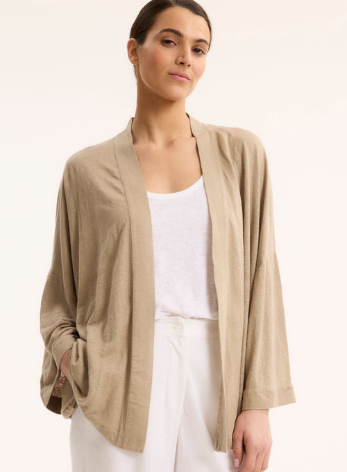 Gilet Beige Col Profond Manches Longues en Lin / Elasthanne - MAJESTIC FILATURES