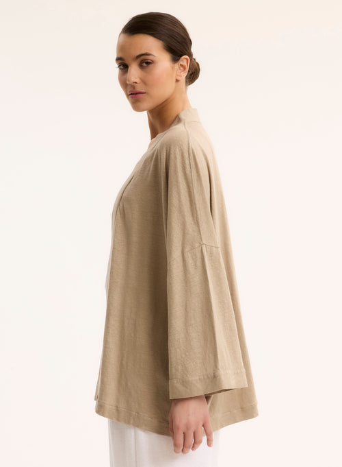 Gilet Beige Col Profond Manches Longues en Lin / Elasthanne - MAJESTIC FILATURES