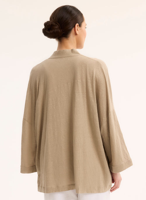 Gilet Beige Col Profond Manches Longues en Lin / Elasthanne - MAJESTIC FILATURES