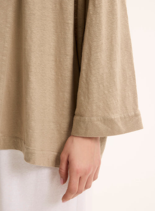 Gilet Beige Col Profond Manches Longues en Lin / Elasthanne - MAJESTIC FILATURES