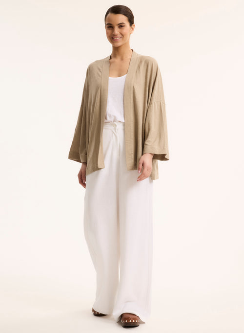 Gilet Beige Col Profond Manches Longues en Lin / Elasthanne - MAJESTIC FILATURES